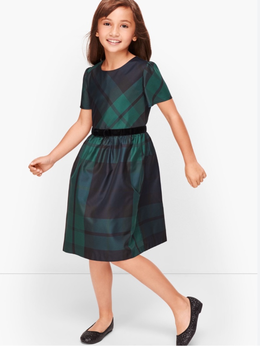 NWT TALBOTS GIRLS BLACK‎ WATCH FIT & FLARE DRESS SZ 12 IN BLACK GREEN